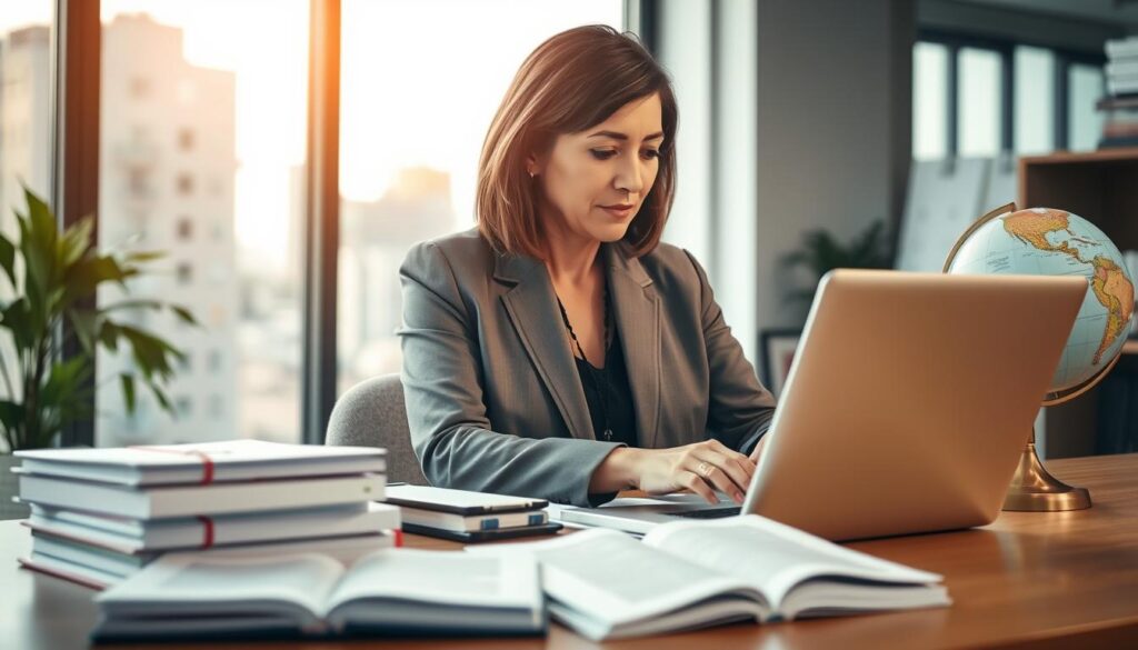 A focused scene depicting a professional legal translator at work in a modern office environment, surrounded by legal documents and bilingual dictionaries. In the foreground, a middle-aged woman in professional attire is intently typing on a laptop, showcasing a look of concentration and diligence. The middle ground features stacks of legal papers and a globe to symbolize international law, while a large window in the background lets in soft, warm natural light. The lighting creates a welcoming yet serious atmosphere, emphasizing the importance of clarity and accuracy in legal translations. A blurred cityscape outside enhances the sense of professionalism and connection to the global legal community, inviting viewers to appreciate the critical role of translators in legal claims processes. A focused scene depicting a professional legal translator at work in a modern office environment, surrounded by legal documents and bilingual dictionaries. In the foreground, a middle-aged woman in professional attire is intently typing on a laptop, showcasing a look of concentration and diligence. The middle ground features stacks of legal papers and a globe to symbolize international law, while a large window in the background lets in soft, warm natural light. The lighting creates a welcoming yet serious atmosphere, emphasizing the importance of clarity and accuracy in legal translations. A blurred cityscape outside enhances the sense of professionalism and connection to the global legal community, inviting viewers to appreciate the critical role of translators in legal claims processes.