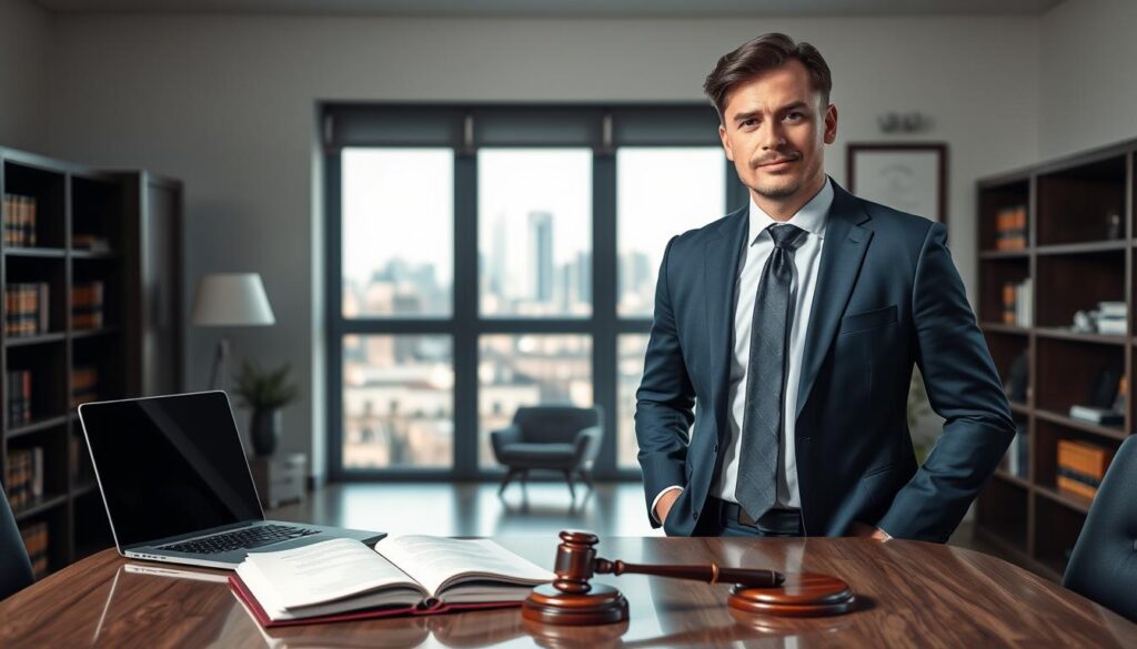 A personal injury lawyer standing confidently in an elegant office, dressed in a sharp navy suit and tie, with a focused expression. In the foreground, a sleek desk is adorned with legal books, a laptop open to legal documents, and a gavel, symbolizing justice. In the middle, a large window showcases a view of a city skyline, allowing natural light to flood the room and cast soft shadows. The background includes subtle elements of law: bookshelves filled with legal texts and a framed certificate on the wall, adding a sense of professionalism. The atmosphere is serious yet approachable, conveying both trust and expertise in personal injury law, particularly in the context of German regulations.