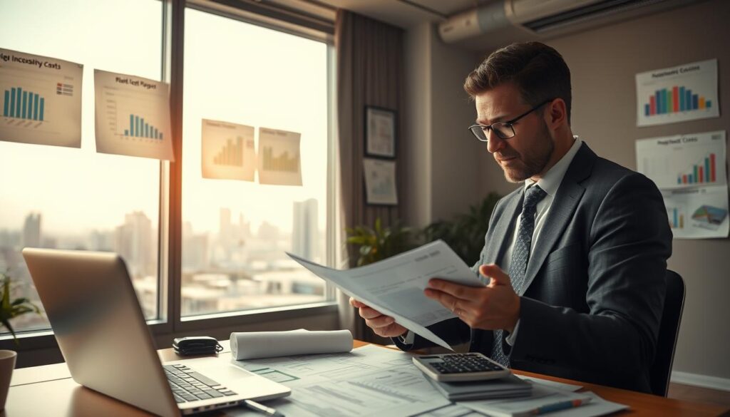 A professional and insightful scene depicting a surveyor in a modern office, engaged in evaluating documents while surrounded by various cost estimation tools. In the foreground, a focused surveyor in business attire reviews blueprints and reports, with a calculator and a laptop open on the desk. The middle layer displays a large window with soft natural light pouring in, illuminating charts and graphs pinned on the walls that reflect project costs and analyses. In the background, a city skyline is visible, hinting at a bustling business environment. The atmosphere conveys a sense of professionalism, urgency, and attention to detail, with a focus on the importance of assessing necessary costs in surveying practices.