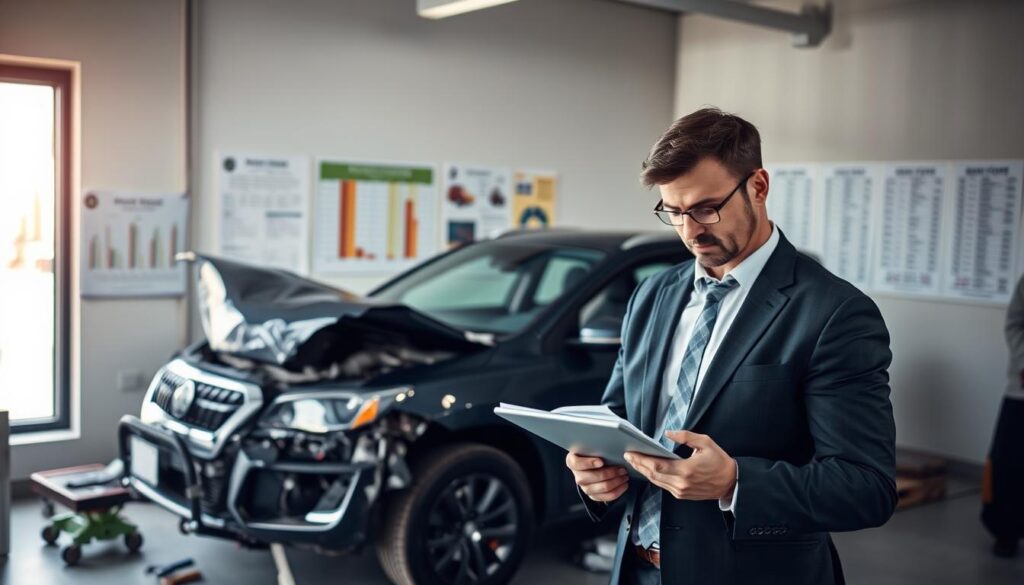 A professional automotive appraiser inspecting a damaged car in a well-lit office environment. In the foreground, the appraiser, dressed in a smart business suit, is analyzing papers and using a tablet to assess market value, with clear images of the damage on the screen. In the middle ground, a damaged vehicle is parked with visible scratches and dents, surrounded by tools and repair materials, hinting at the costs of repairs. The background shows a large window with natural light flooding in, illuminating a wall with charts depicting automotive values and repair costs. The atmosphere is focused and professional, emphasizing the careful evaluation process of determining market value versus repair expenses. The image should be shot from a slightly elevated angle, showcasing both the appraiser and the damaged vehicle clearly.