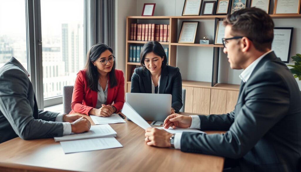 A professional business setting illustrating the concept of accident compensation claims. In the foreground, a diverse group of three individuals in business attire are engaged in a discussion around a table, with legal documents and a laptop open in front of them. The middle ground features a large window showcasing a cityscape, soft natural light illuminating the room. The back wall has a shelf with legal books and framed certificates, adding to the atmosphere of professionalism and trust. The overall mood is focused and collaborative, emphasizing the process of negotiating with an insurance company. The composition should be shot from a slight angle to capture the dynamics of the discussion while maintaining clarity and depth. A professional business setting illustrating the concept of accident compensation claims. In the foreground, a diverse group of three individuals in business attire are engaged in a discussion around a table, with legal documents and a laptop open in front of them. The middle ground features a large window showcasing a cityscape, soft natural light illuminating the room. The back wall has a shelf with legal books and framed certificates, adding to the atmosphere of professionalism and trust. The overall mood is focused and collaborative, emphasizing the process of negotiating with an insurance company. The composition should be shot from a slight angle to capture the dynamics of the discussion while maintaining clarity and depth.
