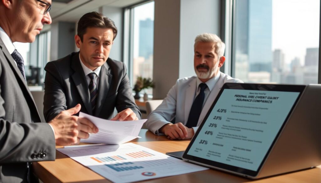 A professional consultation scene depicted in a bright, well-lit office. In the foreground, a serious lawyer in a tailored suit is discussing a case with a concerned client, a middle-aged man in modest business attire, gesturing toward a document on the table. In the middle ground, a laptop is open with charts and statistics about personal injury compensation, reflecting on the importance of claims against insurance companies. In the background, large windows let in natural light, showcasing a cityscape, adding to the atmosphere of a bustling, professional environment. The mood is focused and reassuring, emphasizing the support available for individuals navigating the aftermath of an accident. The composition is framed from a slightly elevated angle, giving a clear view of both the lawyer and the client, ensuring a professional and inviting atmosphere. A professional consultation scene depicted in a bright, well-lit office. In the foreground, a serious lawyer in a tailored suit is discussing a case with a concerned client, a middle-aged man in modest business attire, gesturing toward a document on the table. In the middle ground, a laptop is open with charts and statistics about personal injury compensation, reflecting on the importance of claims against insurance companies. In the background, large windows let in natural light, showcasing a cityscape, adding to the atmosphere of a bustling, professional environment. The mood is focused and reassuring, emphasizing the support available for individuals navigating the aftermath of an accident. The composition is framed from a slightly elevated angle, giving a clear view of both the lawyer and the client, ensuring a professional and inviting atmosphere.