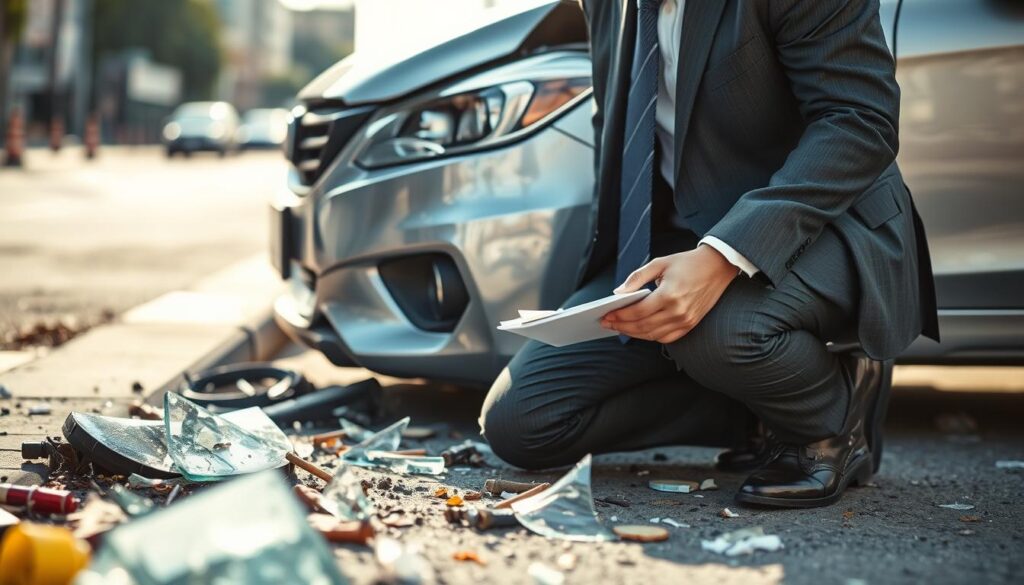 A professional insurance adjuster in a neat business suit examines vehicle damage at the site of an accident, kneeling beside the car with a notepad in hand. In the foreground, shards of glass and bent metal surround the adjuster, conveying the aftermath of a collision. The middle ground showcases the damaged vehicle with a focus on the crumpled fender and broken headlights. The background features a blurred scene of a city street, slightly out of focus to emphasize the adjuster's work. Soft afternoon sunlight casts gentle shadows, creating a serious yet calm atmosphere. The overall mood reflects the importance of understanding damage assessment in the claims process, focusing on professionalism and diligence in evaluating property damage. A professional insurance adjuster in a neat business suit examines vehicle damage at the site of an accident, kneeling beside the car with a notepad in hand. In the foreground, shards of glass and bent metal surround the adjuster, conveying the aftermath of a collision. The middle ground showcases the damaged vehicle with a focus on the crumpled fender and broken headlights. The background features a blurred scene of a city street, slightly out of focus to emphasize the adjuster's work. Soft afternoon sunlight casts gentle shadows, creating a serious yet calm atmosphere. The overall mood reflects the importance of understanding damage assessment in the claims process, focusing on professionalism and diligence in evaluating property damage.