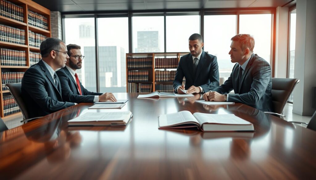 A professional interior scene depicting a group of three diverse individuals engaged in a serious legal discussion around a sleek conference table. The foreground features a polished wooden table with legal books and documents spread out, hinting at the complexity of law. In the middle ground, the individuals—two men and one woman—all dressed in formal business attire, are actively conversing with expressions of determination and focus. The background showcases large windows with natural light pouring in, illuminating the modern office environment, and a bookshelf filled with law books, conveying a scholarly atmosphere. The overall mood is serious and contemplative, emphasizing the weight of legal matters and the importance of informed action. Soft lighting casts gentle shadows, enhancing the scene’s professionalism. A professional interior scene depicting a group of three diverse individuals engaged in a serious legal discussion around a sleek conference table. The foreground features a polished wooden table with legal books and documents spread out, hinting at the complexity of law. In the middle ground, the individuals—two men and one woman—all dressed in formal business attire, are actively conversing with expressions of determination and focus. The background showcases large windows with natural light pouring in, illuminating the modern office environment, and a bookshelf filled with law books, conveying a scholarly atmosphere. The overall mood is serious and contemplative, emphasizing the weight of legal matters and the importance of informed action. Soft lighting casts gentle shadows, enhancing the scene’s professionalism.