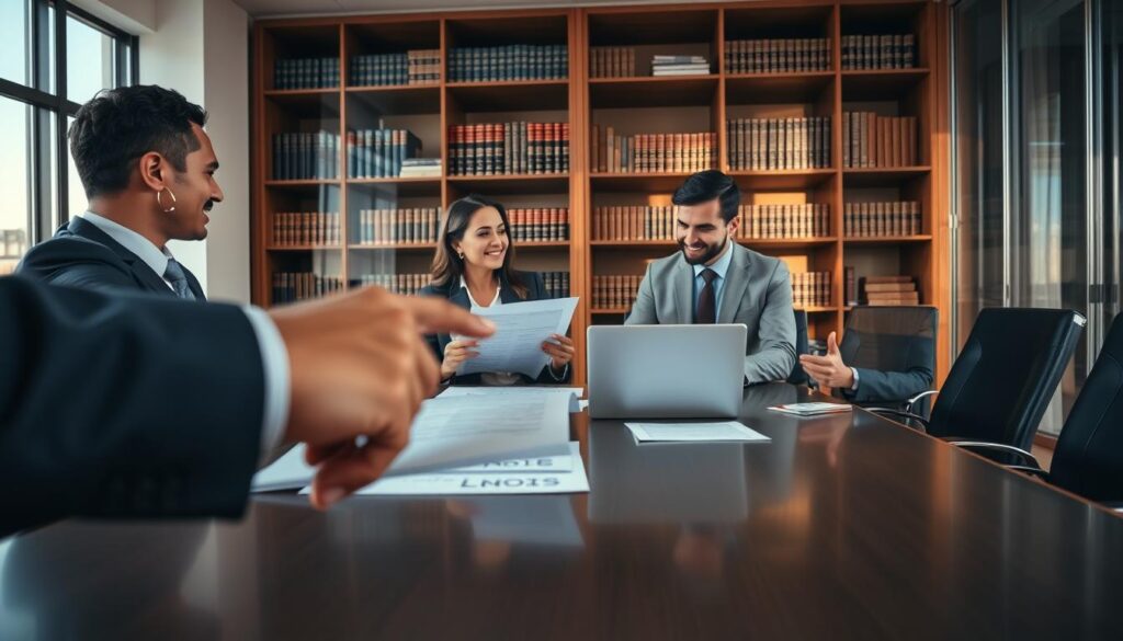 A professional law office interior, featuring a diverse group of four business-attired individuals discussing legal documents around a sleek conference table. The foreground shows a close-up of hands pointing at a contract, highlighting the notion of legal support. In the middle, a woman and a man converse animatedly, exchanging insights, with a laptop open displaying insurance claim forms. The background features elegant bookshelves filled with legal literature and a large window letting in soft, natural light, creating a warm, inviting atmosphere. The mood is collaborative, symbolizing effective legal assistance and common pitfalls when navigating insurance claims. Use a wide-angle lens for depth, enhancing the professional setting and capturing the interaction between the individuals.