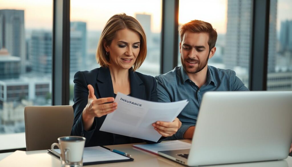 A professional lawyer and a concerned client seated at a modern office desk, discussing legal documents. The lawyer, a middle-aged woman dressed in a tailored navy suit, gestures thoughtfully while reviewing a folder filled with insurance papers. The client, a young man in a smart casual shirt and slacks, looks attentive and relieved. In the background, a large window reveals a city skyline under a soft, warm evening light that casts a gentle glow throughout the office. The atmosphere is calm and reassuring, emphasizing trust and professionalism. The focus is tight on the interaction, capturing the expressions of understanding and collaboration between the two figures, reflecting the benefits of seeking professional legal help.