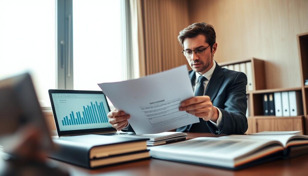 A professional lawyer in a tailored suit is sitting at a sleek wooden desk, intently reviewing a document that outlines a cost estimate disputed by an insurance company. In the foreground, a close-up of the lawyer's focused expression emphasizes determination and expertise. In the middle ground, the desk is neatly organized with legal books and a laptop displaying graphs, symbolizing the analytical approach taken in the legal dispute. In the background, a large window lets in soft, natural light, casting a warm glow, creating an atmosphere of calm authority. The overall mood conveys professionalism and decisive action in navigating challenges with an insurance provider. The lens captures a slightly elevated angle, enhancing the view of the lawyer’s concentration and the intricate details of the office environment.