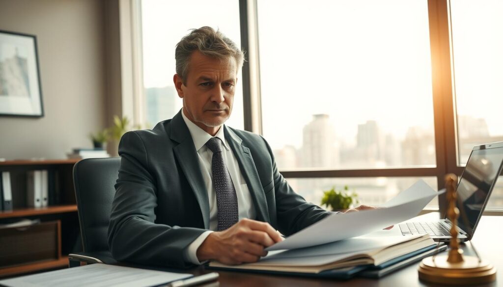 A professional lawyer specializing in traffic accident cases, portrayed in a modern legal office. In the foreground, the lawyer, a middle-aged individual in a tailored suit, appears focused and engaged while reviewing documents related to a traffic accident case. Their desk is cluttered with legal papers, a laptop, and a scale of justice. In the middle ground, a large window reveals a cityscape, adding a backdrop of urban life, with sunlight streaming in, creating a warm and inviting atmosphere. The overall mood is serious yet hopeful, symbolizing the pursuit of justice. The camera angle is slightly above eye level, capturing the lawyer's determination and professional demeanor, while maintaining a sense of empathy for clients seeking legal assistance.