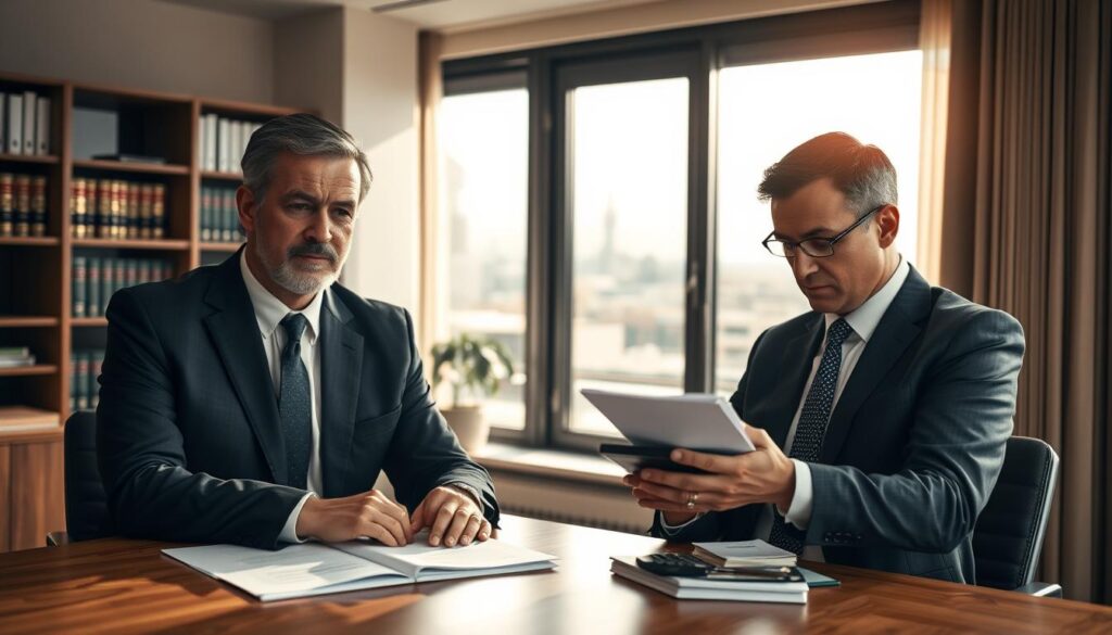 A professional lawyer with a focused expression, dressed in a tailored dark suit and white shirt, is seated at a modern wooden desk, reviewing documentation related to legal compensation claims in Germany. Beside him, a legal expert, wearing smart business attire, examines a calculator and important papers, symbolizing the meticulous nature of legal and valuation services. The background features a softly lit office, with shelves lined with law books and a large window revealing a view of a bustling German cityscape, suggesting a sense of professionalism and urgency. Warm, natural light floods the room, casting subtle shadows that enhance the serious yet approachable atmosphere. The angle is slightly elevated, capturing the interaction between the two professionals in this dynamic legal environment.
