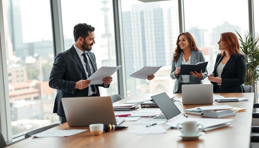 A professional legal consultation scene depicting a group of three well-dressed legal experts engaged in a discussion about insurance compensation in a modern office setting. In the foreground, a diverse man and woman in business attire hold documents and are exchanging ideas animatedly, showcasing professionalism and seriousness. In the middle ground, a large conference table is cluttered with legal papers, laptops, and a cup of coffee, emphasizing the focus on legal matters. The background features a large window overlooking an urban landscape, allowing natural light to flood the room, creating a bright and optimistic atmosphere. The mood is collaborative and focused, with a clean and organized ambiance that reinforces the importance of legal assistance after an accident. Capture the scene from a slightly elevated angle to provide depth.