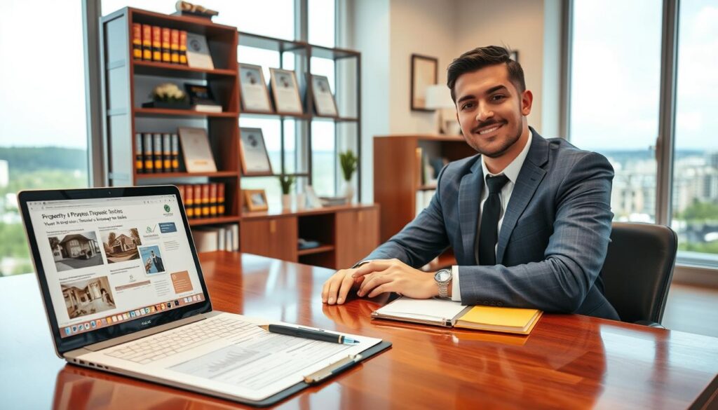 A professional-looking appraiser seated at a polished wooden desk in a bright, well-organized office. In the foreground, a laptop displays detailed property damage reports, while a clipboard with inspection notes rests nearby. The middle ground features shelves filled with legal books and industry certifications, emphasizing expertise. In the background, large windows let in natural light, showcasing a view of a peaceful urban landscape. The scene conveys a sense of trust and professionalism, with the appraiser dressed in a formal business suit, exuding confidence and authority. Soft, warm lighting enhances the inviting atmosphere, captured from a slight angle to highlight the appraiser's focus on their work.