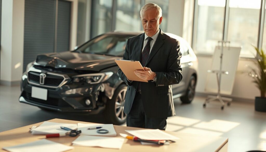 A professional-looking loss adjuster examining a damaged vehicle in an office setting. In the foreground, focus on a middle-aged male adjuster in a tailored suit, holding a clipboard, with a serious expression as he assesses the car's damages. In the middle ground, place a distressed vehicle with visible dents and scratches, casually surrounded by papers and tools that signify a detailed evaluation process. The background should feature a modern office environment with soft, natural lighting illuminating the scene through a window, casting gentle shadows. Capture a sense of professionalism and diligence, emphasizing the adjuster's expertise in assessing insurance claims effectively. The camera angle should be slightly tilted, giving a dynamic perspective of the adjuster's focus on the vehicle. A professional-looking loss adjuster examining a damaged vehicle in an office setting. In the foreground, focus on a middle-aged male adjuster in a tailored suit, holding a clipboard, with a serious expression as he assesses the car's damages. In the middle ground, place a distressed vehicle with visible dents and scratches, casually surrounded by papers and tools that signify a detailed evaluation process. The background should feature a modern office environment with soft, natural lighting illuminating the scene through a window, casting gentle shadows. Capture a sense of professionalism and diligence, emphasizing the adjuster's expertise in assessing insurance claims effectively. The camera angle should be slightly tilted, giving a dynamic perspective of the adjuster's focus on the vehicle.