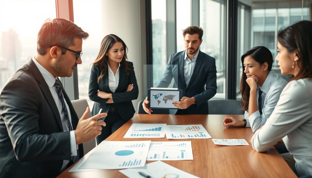 A professional office environment depicting a diverse group of businesspeople engaged in a serious discussion around a conference table. In the foreground, a man in a tailored suit gestures toward documents and charts illustrating financial loss and compensation claims. In the middle, a woman in business attire shares her thoughts while pointing to a digital tablet displaying data visualizations related to damage impact assessments. In the background, a large window reveals a cityscape, suggesting a corporate atmosphere. Soft, natural light filters through the window, casting a warm glow on the scene. The overall mood is focused and analytical, emphasizing the importance of understanding the effects of damage on the right to compensation claims.