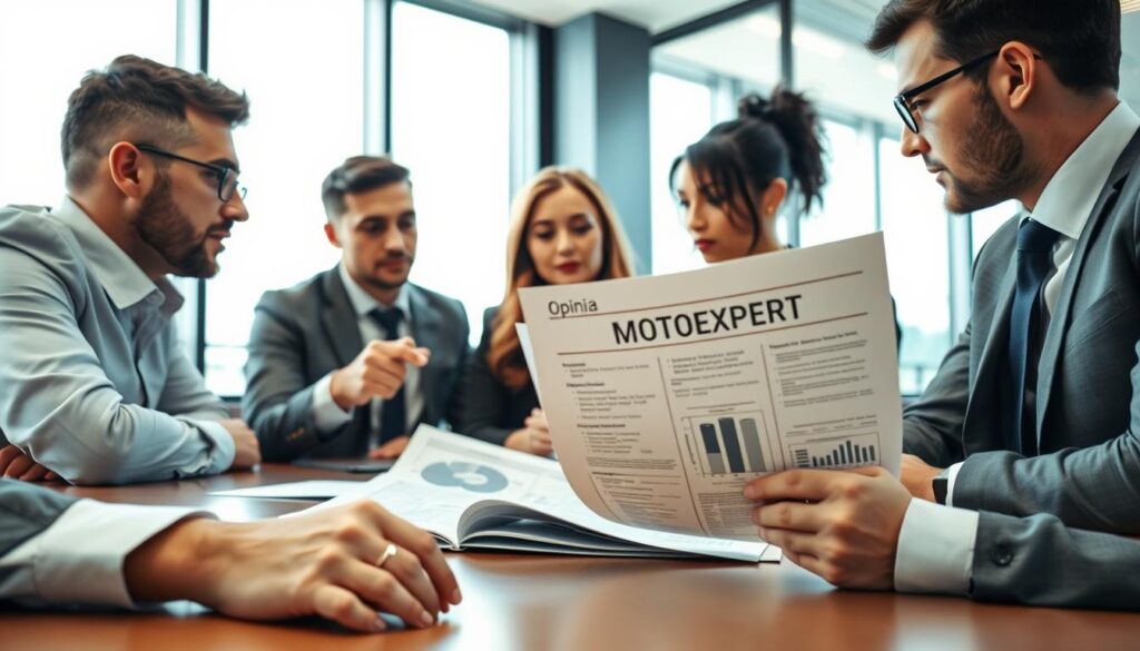 A professional office environment with a focus on a sleek conference table surrounded by individuals in business attire engaged in discussion. In the foreground, a well-dressed male and female team member analyze a document titled "Opinia MOTOEXPERT", which is detailed and technical, showcasing clear diagrams and numbers. In the middle, the atmosphere is intense but collaborative, with expressions of determination and focus as they negotiate terms with an insurance representative who is seated across the table, looking attentive. The background features a large window allowing natural light to flood the room, creating a bright, modern vibe. The lens is slightly wide for a comprehensive view, and the angle highlights the exchange of ideas, conveying a mood of professionalism and urgency.