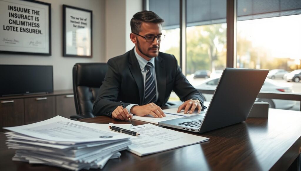 A professional office scene depicting a determined individual in business attire, sitting at a desk, preparing documents related to a claim against an insurer. The foreground features stacks of paperwork, a laptop with an open claims form, and a pen placed thoughtfully beside a notepad. In the middle, a large window allows natural light to flood the room, casting soft shadows across the workspace. The walls are adorned with framed certificates and motivational quotes, enhancing the atmosphere of professionalism and diligence. In the background, a glimpse of a busy street outside suggests the urgency of the claim process. The overall mood is focused and serious, capturing the essence of navigating insurance claims in a structured, corporate environment. A professional office scene depicting a determined individual in business attire, sitting at a desk, preparing documents related to a claim against an insurer. The foreground features stacks of paperwork, a laptop with an open claims form, and a pen placed thoughtfully beside a notepad. In the middle, a large window allows natural light to flood the room, casting soft shadows across the workspace. The walls are adorned with framed certificates and motivational quotes, enhancing the atmosphere of professionalism and diligence. In the background, a glimpse of a busy street outside suggests the urgency of the claim process. The overall mood is focused and serious, capturing the essence of navigating insurance claims in a structured, corporate environment.