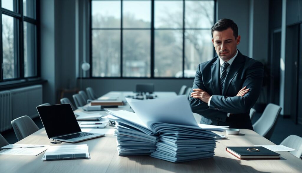 A professional office setting focusing on insurance law, specifically "prawo ubezpieczeń". In the foreground, a confident lawyer in business attire is reviewing a stack of legal documents, with a focused expression. In the middle ground, a modern conference table cluttered with papers and a laptop, symbolizing the active work environment. The background features large windows allowing soft, natural light to illuminate the space, casting gentle shadows. The color palette is composed of muted blues and grays, creating a serious and calm atmosphere. The overall mood conveys determination and professionalism, highlighting the complexities of insurance claims and deadlines. No text, logos, or distractions present, ensuring a clear focus on the subject matter. A professional office setting focusing on insurance law, specifically "prawo ubezpieczeń". In the foreground, a confident lawyer in business attire is reviewing a stack of legal documents, with a focused expression. In the middle ground, a modern conference table cluttered with papers and a laptop, symbolizing the active work environment. The background features large windows allowing soft, natural light to illuminate the space, casting gentle shadows. The color palette is composed of muted blues and grays, creating a serious and calm atmosphere. The overall mood conveys determination and professionalism, highlighting the complexities of insurance claims and deadlines. No text, logos, or distractions present, ensuring a clear focus on the subject matter.