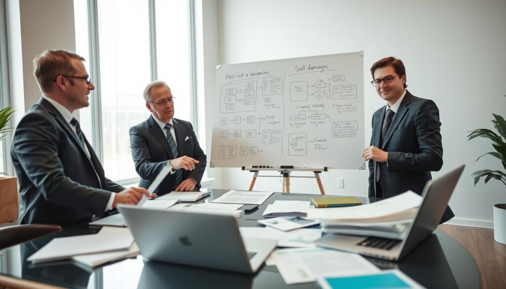 A professional office setting serves as the background, subtly lit with soft, natural light streaming through large windows. In the foreground, a group of three professionals—two men and one woman—all dressed in smart business attire, are engaged in a discussion around a table cluttered with paperwork and a laptop. One individual points at a document with a serious expression, illustrating the evaluation of damages. The middle ground features a large whiteboard filled with diagrams and notes about cost assessment strategies. The atmosphere is focused and collaborative, conveying a sense of urgency and determination in tackling common cost recovery issues. The camera angle is slightly elevated, providing a comprehensive view of the scene's elements while ensuring clarity and professionalism.