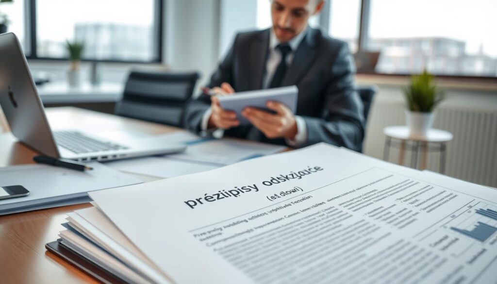 A professional office setting showcasing a close-up of a detailed document outlining "przepisy dotyczące odszkodowań" (compensation regulations). In the foreground, a well-organized folder filled with papers, with charts and graphs visible. To the left, a neatly arranged desk with a laptop and pens, suggesting a work in progress. In the middle ground, a blurred view of a diligent business professional in formal attire, focused and taking notes. The background features a modern office with large windows letting in natural light, emphasizing a productive atmosphere. The overall mood is serious yet optimistic, conveying the importance of understanding necessary and appropriate costs in a professional context. The image should have soft lighting to create a warm, inviting ambiance.