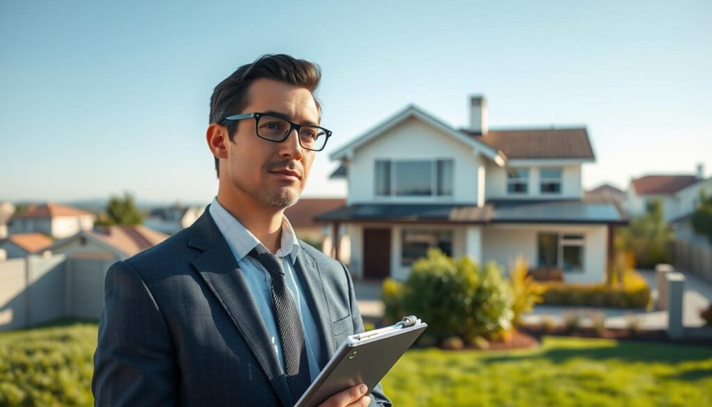 A professional property appraiser examining a house, dressed in a tailored suit and holding a clipboard, stands in the foreground. In the middle ground, a modern home with a well-maintained garden is visible, showcasing its architectural features and value indicators like solar panels. The background reveals a clear blue sky and distant suburban homes, creating a tranquil atmosphere. Soft, natural lighting illuminates the scene, enhancing the professional tone. The angle is slightly low, emphasizing the appraiser’s importance in the evaluation process. The mood is confident and focused, suggesting a thorough assessment.