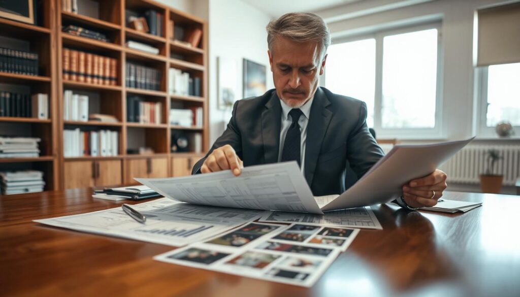 A professional property appraiser examining hidden damages in a well-lit office environment. In the foreground, a middle-aged man in a tailored suit analyzes detailed documents spread across a polished wooden desk, showcasing charts and photographs of the property. The middle ground features a large window allowing natural light to flood the room, highlighting the documents. In the background, a bookshelf filled with appraisal texts and tools can be seen, creating an atmosphere of expertise and diligence. The overall mood is serious and focused, portraying the meticulous nature of preparing for a compensation claim. The camera angle is slightly above eye level, emphasizing the appraiser's concentration and professionalism. The lighting should be warm and inviting, reflecting a sense of trust and authority.