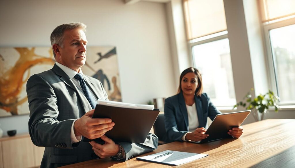 A professional setting depicting a business meeting between an insurance claimant and an insurance representative in an office environment. In the foreground, a middle-aged Caucasian man in a business suit, holding a folder of documents, looks stressed yet determined as he discusses his claim. In the middle background, a Black woman in professional attire sits across the table, attentively listening and taking notes. Sunlight streams through large windows, casting a warm glow that creates a hopeful atmosphere. The decor is modern, with abstract art on the walls and a sleek wooden table. The angle is slightly tilted to capture both faces and their interaction, reflecting the serious yet professional tone of the conversation.
