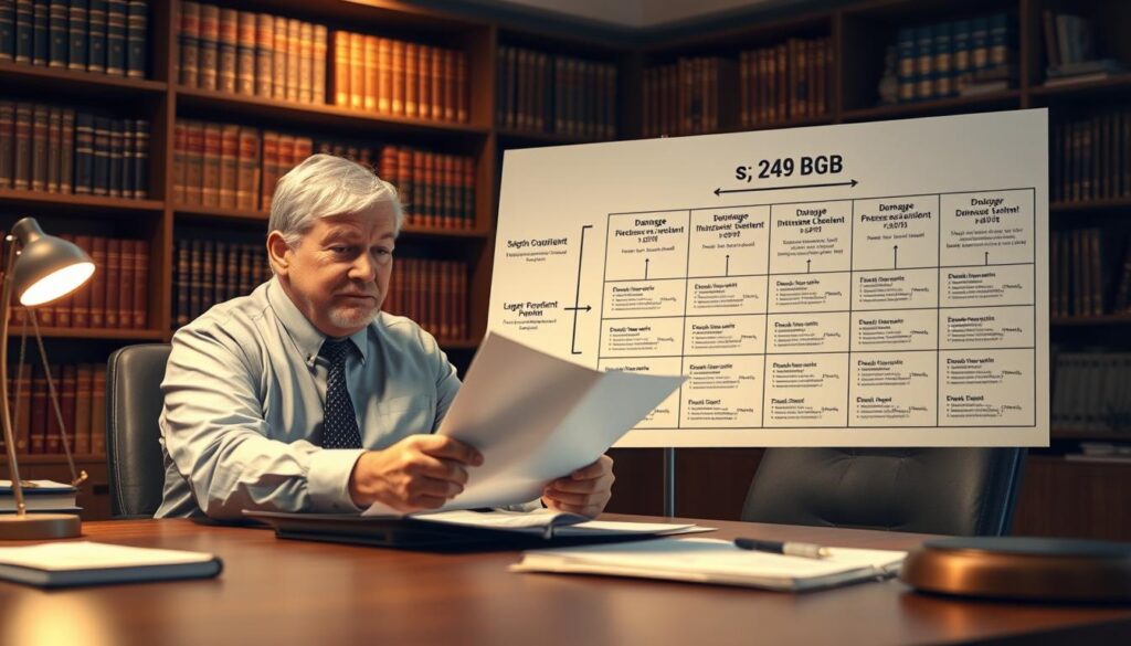 A professional setting depicting an expert assessor analyzing a legal document, highlighted by § 249 BGB. In the foreground, the expert, a middle-aged person in professional business attire, is seated at a modern desk, examining papers with a focused expression. The middle ground showcases a large, detailed chart outlining the damage assessment process, incorporating visual elements like arrows and headings to clearly depict the steps involved. In the background, a softly lit library filled with law books and legal paraphernalia adds depth and context. The lighting is warm and inviting, suggesting a serious yet calm atmosphere, while the angle captures the expert's concentration on the document, enhancing the sense of professionalism and expertise in the room.