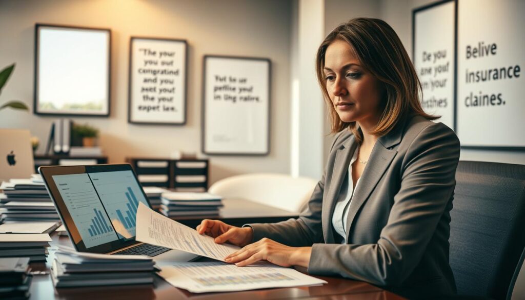 A professional setting depicting the "Process of Claiming Compensation." In the foreground, a well-dressed businesswoman sits at a desk, focused on reviewing documents and calculations related to insurance claims. She has an expression of determination and concentration. In the middle ground, a well-organized office is visible, featuring neatly stacked files, a laptop with charts on the screen, and a large window allowing natural light to flood the room, creating a bright and hopeful atmosphere. In the background, a wall framed with motivational quotes about resilience and diligence enhances the ambiance. The lighting is warm and inviting, suggesting a sense of optimism and professionalism in the claims process. Use a medium shot to capture both the subject and her surroundings clearly.