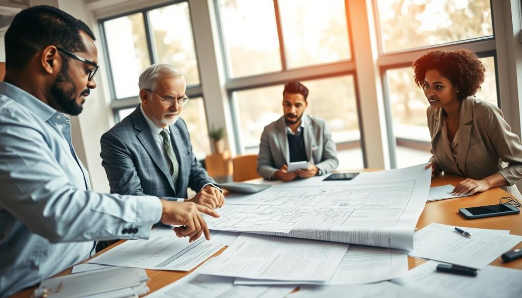 A professional setting featuring a diverse group of three experts engaged in a technical discussion around a large table cluttered with documents and digital devices. In the foreground, a middle-aged man in a formal suit points at a large blueprint lying on the table, highlighting a specific section. The middle layer captures a close-up on the scattered papers detailing technical reports and legislation excerpts. In the background, large windows let in soft, natural light, illuminating the room with a calm, focused atmosphere. The colors are warm and inviting, creating a sense of collaboration and expertise. Capture this scene from a slightly elevated angle, emphasizing the professionalism and energy of the consultation process, while maintaining an organized and tidy appearance throughout the workspace.