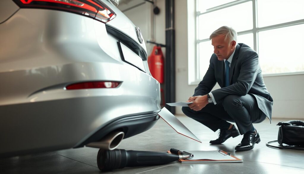 A professional vehicle appraiser inspecting a damaged car in a bright, well-lit garage setting. In the foreground, the appraiser, a middle-aged man in a smart business suit, is crouched beside a silver sedan, examining its rear bumper for scratches and dents. The middle ground features tools and equipment for vehicle assessment, along with a clipboard. In the background, large windows let in natural light, highlighting the clean, organized space. The mood is focused and professional, conveying a sense of diligence and expertise in evaluating vehicle damage. The scene is captured from a slightly elevated angle, providing a clear view of both the appraiser and the car.