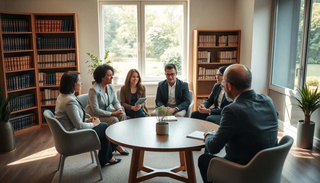 A serene mediation room bathed in soft, natural light, portraying a calm and professional atmosphere. In the foreground, a diverse group of three individuals, dressed in professional business attire, are seated around a circular wooden table, engaged in focused discussion, with expressions of openness and collaboration. The middle layer features a neutral-toned rug and a small potted plant adding warmth. In the background, bookshelves filled with legal texts and a large window revealing a peaceful garden landscape, allowing gentle sunlight to filter in. The overall mood is one of resolution and harmony, emphasizing mediation as a constructive alternative to traditional court proceedings, captured with a gentle depth of field to highlight the subjects and create a cozy yet professional ambiance.