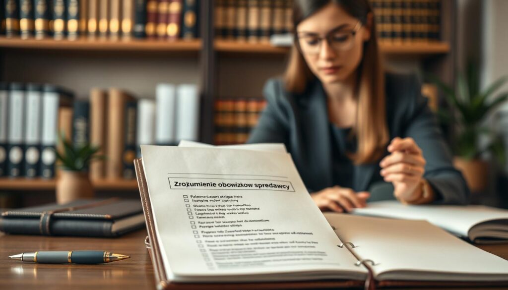A close-up view of a modern consumer rights document, featuring a clear checklist of seller obligations. The foreground shows a neatly organized desk with a pen and a leather notebook opened to the page titled "Zrozumienie obowiązków sprzedawcy." In the middle ground, a professional woman in business attire examines the document with a focused expression, emphasizing her engagement with the material. The background consists of soft-focus shelves filled with law books and a potted plant, creating a scholarly atmosphere. The lighting is warm and inviting, casting gentle shadows that enhance the sense of depth. The overall mood conveys professionalism, diligence, and clarity in understanding consumer rights. A close-up view of a modern consumer rights document, featuring a clear checklist of seller obligations. The foreground shows a neatly organized desk with a pen and a leather notebook opened to the page titled "Zrozumienie obowiązków sprzedawcy." In the middle ground, a professional woman in business attire examines the document with a focused expression, emphasizing her engagement with the material. The background consists of soft-focus shelves filled with law books and a potted plant, creating a scholarly atmosphere. The lighting is warm and inviting, casting gentle shadows that enhance the sense of depth. The overall mood conveys professionalism, diligence, and clarity in understanding consumer rights.