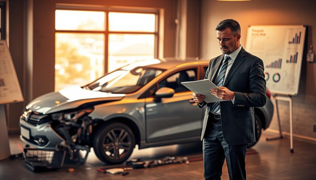 A detailed office scene depicting an insurance adjuster analyzing a damaged car in an indoor setting. In the foreground, a professional-looking adjuster in business attire is examining a document and assessing the car's damage with a clipboard in hand. The middle ground features the car, illustrated with noticeable dents and scratches, parked against a backdrop of an office with large windows letting in natural light. In the background, a wall-mounted whiteboard displays graphs and notes related to financial compensation and damage assessment. The mood is focused and professional, with warm lighting illuminating the scene, creating a sense of diligence and responsibility in determining the principles of compensation value.