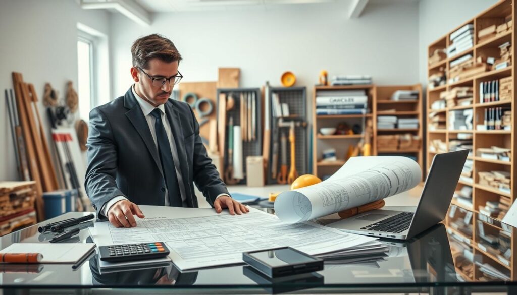 A detailed scene depicting a professional contractor analyzing a damage repair estimate. In the foreground, a serious-looking individual in a smart business suit is focused on a clear desk filled with blueprints, calculators, and a laptop, with detailed repair cost sheets spread out. In the middle, a large wall displays various construction materials and tools, emphasizing the essence of repair work. The background features a well-lit office environment with natural light streaming through a window, highlighting shelves of reference books on construction and project management. The atmosphere conveys professionalism, diligence, and serious attention to detail, ensuring a mood of meticulous planning and careful consideration of repair costs. The image should avoid any text or branding elements.