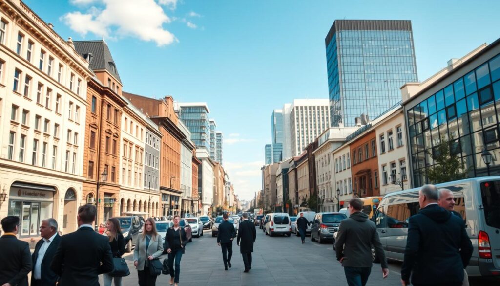 A detailed urban scene depicting a modern German cityscape with diverse architecture, showcasing a mix of historical buildings and contemporary structures. In the foreground, a pedestrian street bustling with people in professional attire discussing compensation settlements, emphasizing the local economic impact. The middle ground features a street lined with parked vehicles and public transport, symbolizing accessibility and modern logistics. In the background, tall office buildings rise against a clear blue sky, suggesting a thriving business environment. Soft, natural lighting enhances the scene, captured from an eye-level angle, conveying a mood of urgency and collaboration. The atmosphere reflects a serious yet optimistic tone, illustrating the significance of location on compensation rates in Germany. A detailed urban scene depicting a modern German cityscape with diverse architecture, showcasing a mix of historical buildings and contemporary structures. In the foreground, a pedestrian street bustling with people in professional attire discussing compensation settlements, emphasizing the local economic impact. The middle ground features a street lined with parked vehicles and public transport, symbolizing accessibility and modern logistics. In the background, tall office buildings rise against a clear blue sky, suggesting a thriving business environment. Soft, natural lighting enhances the scene, captured from an eye-level angle, conveying a mood of urgency and collaboration. The atmosphere reflects a serious yet optimistic tone, illustrating the significance of location on compensation rates in Germany.