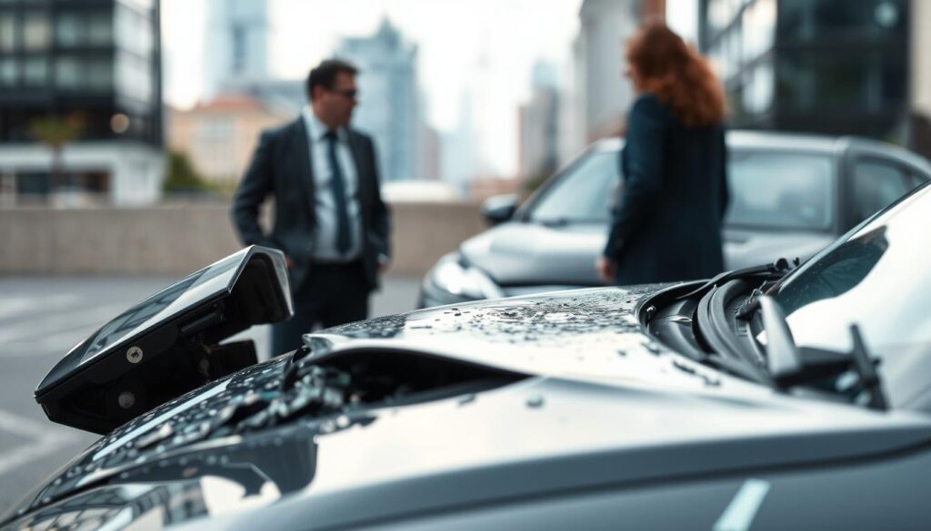 A focused depiction of a car accident scene showcasing a damaged vehicle, illustrating the concept of liability exclusions. In the foreground, a close-up of a visibly dented car hood with shattered glass, emphasizing the extent of damage. In the middle ground, a moment captured of two individuals in professional attire discussing the situation next to the vehicle, conveying a sense of deliberation and concern. The background features a blurred cityscape, hinting at a bustling urban environment. Soft, natural lighting accentuates the scene, creating a somber yet professional atmosphere that evokes the seriousness of automotive damage claims. The angle should be slightly elevated, capturing both the damage and the dialogue effectively.