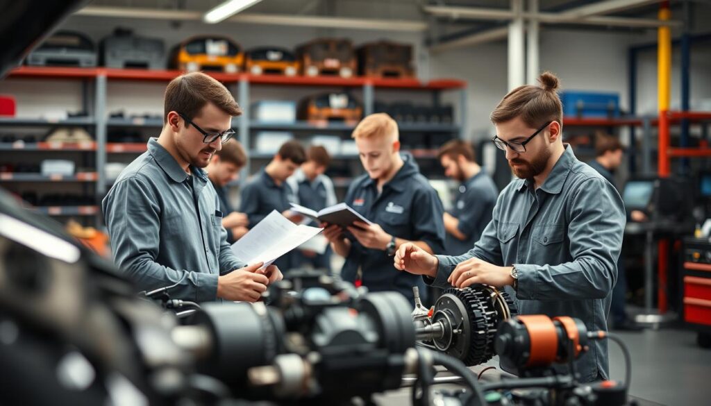 A group of qualified technicians engaged in hands-on training in a modern workshop setting, showcasing their expertise in vehicle technology. In the foreground, two technicians, dressed in professional business attire, are assembling automotive components on a workbench, displaying focused expressions. The middle ground features additional technicians reviewing technical manuals and using diagnostic equipment. The background includes shelves stocked with vehicle parts and tools, with soft, diffused lighting illuminating the space, creating a warm and industrious atmosphere. A shallow depth of field emphasizes the technicians at work while allowing hints of machinery to be visible, conveying a sense of professionalism and skill development in the automotive field. A group of qualified technicians engaged in hands-on training in a modern workshop setting, showcasing their expertise in vehicle technology. In the foreground, two technicians, dressed in professional business attire, are assembling automotive components on a workbench, displaying focused expressions. The middle ground features additional technicians reviewing technical manuals and using diagnostic equipment. The background includes shelves stocked with vehicle parts and tools, with soft, diffused lighting illuminating the space, creating a warm and industrious atmosphere. A shallow depth of field emphasizes the technicians at work while allowing hints of machinery to be visible, conveying a sense of professionalism and skill development in the automotive field.
