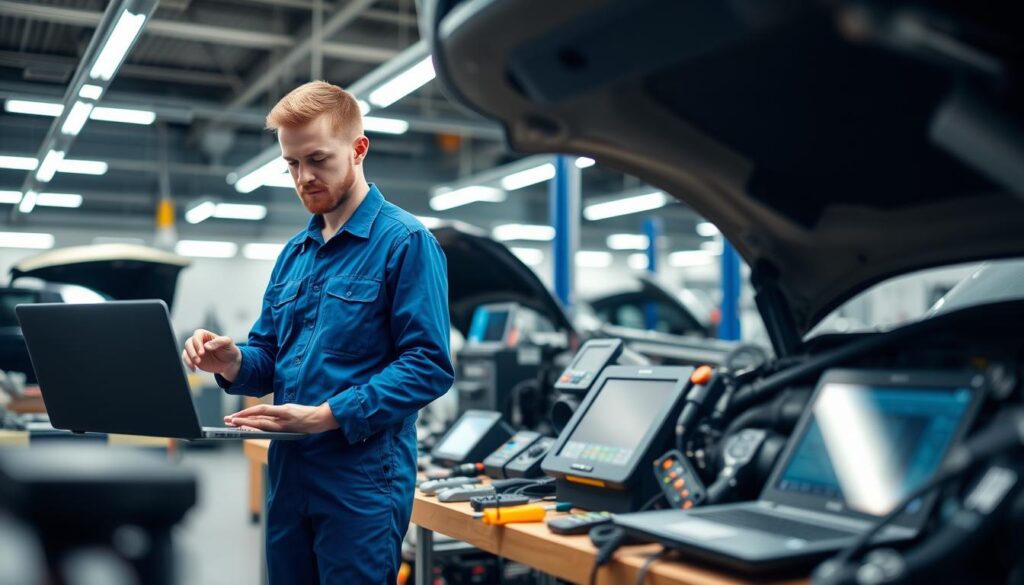 A modern automotive workshop scene that captures the essence of technical repair work. In the foreground, a skilled technician in a professional blue jumpsuit is focused on a vehicle's intricate electronic system, using advanced diagnostic tools and a laptop displaying code. The middle ground features a variety of high-tech equipment like digital scanners and diagnostic consoles, surrounded by vehicle parts and tools organized on a workbench. In the background, bright LED lights illuminate the space, creating a clean, efficient atmosphere. The scene conveys precision and expertise, showcasing the impact of electronic systems on vehicle repairs, with a slightly blurred depth of field that emphasizes the technician's concentration. A modern automotive workshop scene that captures the essence of technical repair work. In the foreground, a skilled technician in a professional blue jumpsuit is focused on a vehicle's intricate electronic system, using advanced diagnostic tools and a laptop displaying code. The middle ground features a variety of high-tech equipment like digital scanners and diagnostic consoles, surrounded by vehicle parts and tools organized on a workbench. In the background, bright LED lights illuminate the space, creating a clean, efficient atmosphere. The scene conveys precision and expertise, showcasing the impact of electronic systems on vehicle repairs, with a slightly blurred depth of field that emphasizes the technician's concentration.