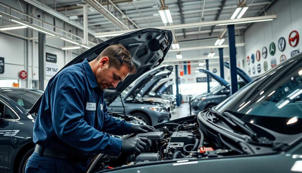A modern vehicle repair shop interior, featuring a well-organized work area with professional mechanics in business attire. In the foreground, a mechanic is focused on repairing a car engine, using various tools and equipment, showcasing branded repair services. The middle ground includes several vehicles in different states of repair, with labeling for high-quality service. The background reveals a well-lit workshop, with posters of reputable automotive brands on the walls. The lighting is bright and inviting, emphasizing the cleanliness and efficiency of the space. Capture the atmosphere of professionalism and expertise in vehicle repair, with a slight angle from above to provide a comprehensive view of the scene. A modern vehicle repair shop interior, featuring a well-organized work area with professional mechanics in business attire. In the foreground, a mechanic is focused on repairing a car engine, using various tools and equipment, showcasing branded repair services. The middle ground includes several vehicles in different states of repair, with labeling for high-quality service. The background reveals a well-lit workshop, with posters of reputable automotive brands on the walls. The lighting is bright and inviting, emphasizing the cleanliness and efficiency of the space. Capture the atmosphere of professionalism and expertise in vehicle repair, with a slight angle from above to provide a comprehensive view of the scene.