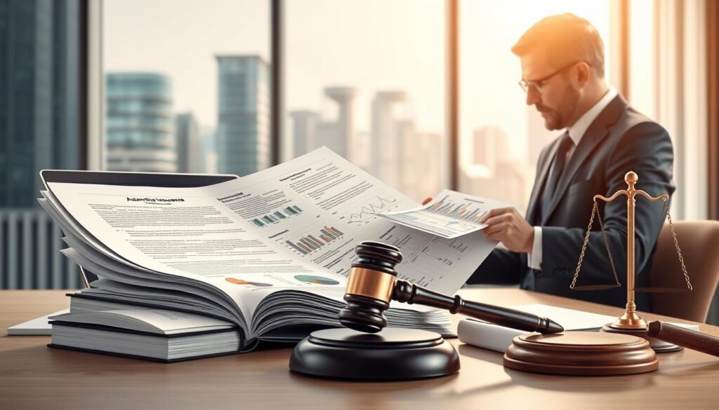 A professional and detailed illustration depicting automotive insurance laws, with a focus on German legislation. In the foreground, a legally dressed businessperson reviews a large document filled with automotive insurance policies, showcasing graphs and legal text. In the middle, a desk with legal books, a laptop displaying a digital dashboard of analytics related to insurance, and a gavel symbolizing law and order. In the background, featuring a blurred cityscape with modern buildings, symbolizing the progressive nature of legal frameworks in Germany. The scene is well-lit with soft, natural lighting streaming in from a window, creating a professional and focused atmosphere. The angle is slightly elevated, capturing the essence of seriousness and diligence in understanding automotive insurance law. A professional and detailed illustration depicting automotive insurance laws, with a focus on German legislation. In the foreground, a legally dressed businessperson reviews a large document filled with automotive insurance policies, showcasing graphs and legal text. In the middle, a desk with legal books, a laptop displaying a digital dashboard of analytics related to insurance, and a gavel symbolizing law and order. In the background, featuring a blurred cityscape with modern buildings, symbolizing the progressive nature of legal frameworks in Germany. The scene is well-lit with soft, natural lighting streaming in from a window, creating a professional and focused atmosphere. The angle is slightly elevated, capturing the essence of seriousness and diligence in understanding automotive insurance law.