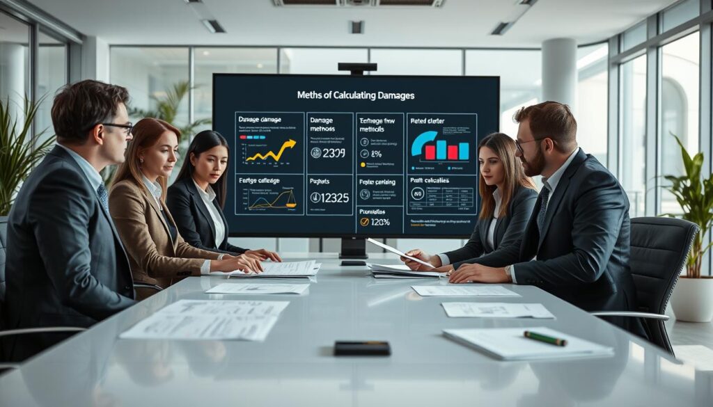 A professional business meeting scene focused on "Methods of Calculating Damages." In the foreground, a diverse group of four business professionals, dressed in smart business attire, engaged in a discussion around a sleek, modern conference table, reviewing documents and charts illustrating various damage calculation methods. The middle ground features a large digital screen displaying clear infographics and numerical data, highlighting key points related to § 249 BGB. In the background, a bright, airy office space with large windows allowing natural light to flood in, plants adding a touch of greenery. The atmosphere is serious yet collaborative, conveying a sense of focus and professionalism. Use a soft focus lens effect to emphasize the subjects while keeping the background slightly blurred. Aim for a warm, inviting light to enhance the ambiance of the scene. A professional business meeting scene focused on "Methods of Calculating Damages." In the foreground, a diverse group of four business professionals, dressed in smart business attire, engaged in a discussion around a sleek, modern conference table, reviewing documents and charts illustrating various damage calculation methods. The middle ground features a large digital screen displaying clear infographics and numerical data, highlighting key points related to § 249 BGB. In the background, a bright, airy office space with large windows allowing natural light to flood in, plants adding a touch of greenery. The atmosphere is serious yet collaborative, conveying a sense of focus and professionalism. Use a soft focus lens effect to emphasize the subjects while keeping the background slightly blurred. Aim for a warm, inviting light to enhance the ambiance of the scene.