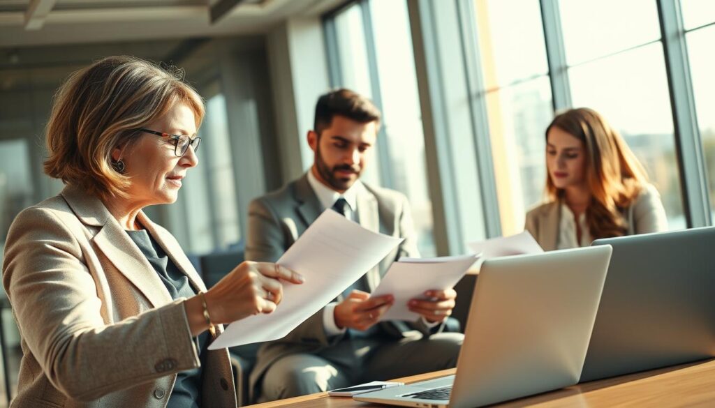 A professional business meeting scene in a well-lit office, focusing on a diverse group of three individuals discussing consumer rights. In the foreground, a middle-aged woman in smart attire gestures while pointing at a document, representing the idea of consumer protection. The middle layer features a young man in a suit, taking notes diligently, while a woman sits thoughtfully, looking at a laptop displaying legal documents related to consumer rights. In the background, large windows allow natural light to flood the room, casting soft shadows and creating an atmosphere of collaboration and empowerment. The color palette is warm and inviting, emphasizing professionalism and support. The scene should evoke a sense of engagement and purpose without any text or branding. A professional business meeting scene in a well-lit office, focusing on a diverse group of three individuals discussing consumer rights. In the foreground, a middle-aged woman in smart attire gestures while pointing at a document, representing the idea of consumer protection. The middle layer features a young man in a suit, taking notes diligently, while a woman sits thoughtfully, looking at a laptop displaying legal documents related to consumer rights. In the background, large windows allow natural light to flood the room, casting soft shadows and creating an atmosphere of collaboration and empowerment. The color palette is warm and inviting, emphasizing professionalism and support. The scene should evoke a sense of engagement and purpose without any text or branding.