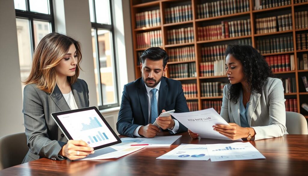A professional business setting featuring a diverse group of three individuals engaged in a discussion around a table, surrounded by charts and graphs related to ASO rates and case law. In the foreground, a woman in a formal suit is pointing at a graph on a tablet, while a man in smart business attire is taking notes. A second woman, also in professional clothing, is analyzing a printed document. The room is well-lit with natural sunlight streaming through large windows, creating a bright and productive atmosphere. In the background, bookshelves filled with legal texts and journals enhance the scholarly mood. The image should convey a sense of collaboration and inquiry, with a sharp focus on the participants, using a soft depth of field to blur the background slightly. A professional business setting featuring a diverse group of three individuals engaged in a discussion around a table, surrounded by charts and graphs related to ASO rates and case law. In the foreground, a woman in a formal suit is pointing at a graph on a tablet, while a man in smart business attire is taking notes. A second woman, also in professional clothing, is analyzing a printed document. The room is well-lit with natural sunlight streaming through large windows, creating a bright and productive atmosphere. In the background, bookshelves filled with legal texts and journals enhance the scholarly mood. The image should convey a sense of collaboration and inquiry, with a sharp focus on the participants, using a soft depth of field to blur the background slightly.