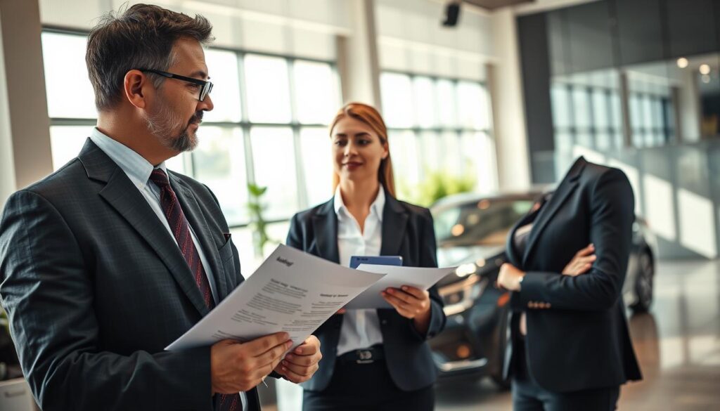 A professional, contemporary office setting with a focus on vehicle insurance. In the foreground, a well-dressed insurance agent, a middle-aged man with glasses, is discussing a vehicle indemnity policy with a concerned vehicle owner, a woman in business attire. Both figures are engaged in conversation, emphasizing the importance of liability insurance (OC) following an accident. In the middle ground, a sleek, modern car is parked, symbolizing ownership and responsibility. The background shows a window with natural light streaming in, creating a warm, inviting atmosphere. The angle is slightly elevated, capturing both the discussion and the car, with a soft focus on the office decor reflecting professionalism and trust. Overall, the mood conveys assurance and responsibility.