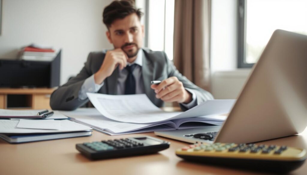 A professional insurance adjuster, portrayed in business attire, is seated at a desk in a well-lit office, engaged in the process of evaluating a claim. The foreground features an organized workspace with files, a laptop, and a calculator, suggesting focused activity. In the middle ground, the adjuster examines documents, pen in hand, with a thoughtful expression, symbolizing their responsibility in the claims process. The background showcases a window with soft, natural light filtering in, creating an atmosphere of professionalism and diligence. The overall mood is serious yet constructive, emphasizing the themes of responsibility and transparency in the insurance sector. The lens captures a close-up, drawing attention to the adjuster's actions and expressions, highlighting their commitment to fairness and accessibility. A professional insurance adjuster, portrayed in business attire, is seated at a desk in a well-lit office, engaged in the process of evaluating a claim. The foreground features an organized workspace with files, a laptop, and a calculator, suggesting focused activity. In the middle ground, the adjuster examines documents, pen in hand, with a thoughtful expression, symbolizing their responsibility in the claims process. The background showcases a window with soft, natural light filtering in, creating an atmosphere of professionalism and diligence. The overall mood is serious yet constructive, emphasizing the themes of responsibility and transparency in the insurance sector. The lens captures a close-up, drawing attention to the adjuster's actions and expressions, highlighting their commitment to fairness and accessibility.
