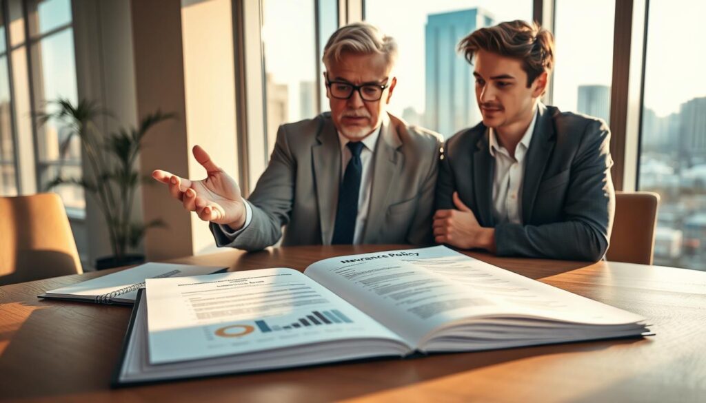 A professional insurance advisor and a client in a modern office setting, engaging in a discussion over a table. The foreground features a detailed, open insurance policy document with graphs and charts, symbolizing damage assessment. In the middle ground, the advisor, a middle-aged individual in formal attire, gestures towards the document, while the client, a young adult in smart casual wear, listens intently. The background showcases a window with a cityscape view, bathed in warm natural light, creating an inviting atmosphere. Soft shadows add depth, and the overall mood is one of collaboration and resolution, emphasizing the theme of indemnity in insurance.