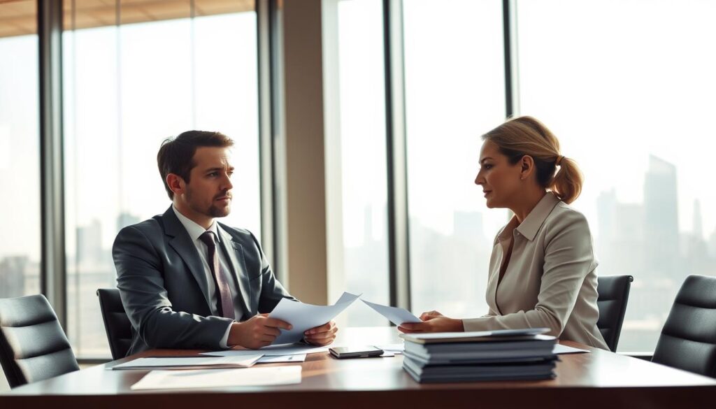 A professional office setting depicting the dynamic between a responsible party and a claimant in the context of liability insurance. In the foreground, a well-dressed male and female, representing the responsible party and the claimant, respectively, engage in a serious discussion, with paperwork spread out on a conference table. The middle ground features a modern conference room with a large window allowing natural light to flood in, creating a warm and focused atmosphere. In the background, faint silhouettes of a city skyline are visible, hinting at the complexities of urban living and insurance matters. The lighting is soft yet clear, highlighting the expressions of determination and concern on the characters' faces, conveying the significance of rights and responsibilities in claims management.
