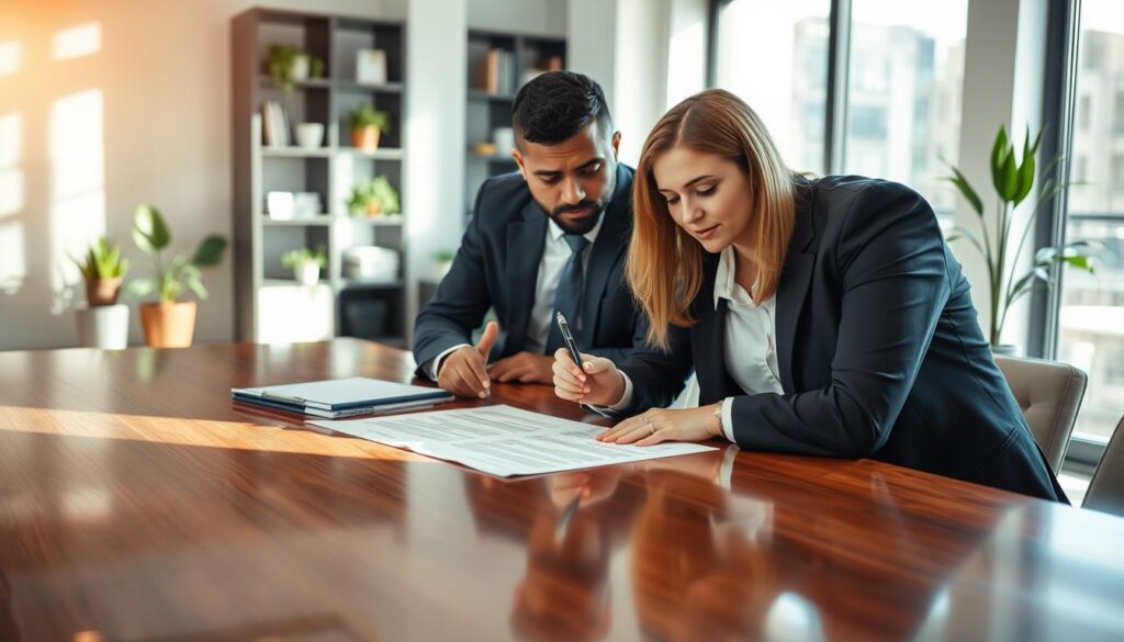 A professional office setting depicting two individuals engaged in a serious discussion about liability and compensation responsibilities. In the foreground, a diverse group of two business professionals, one man and one woman, both dressed in formal business attire, are analyzing a detailed contract laid out on a polished wooden conference table. The woman's expression reflects concentration as she points to specific sections of the document with a pen. In the middle ground, a large window lets natural light spill in, casting soft shadows and creating a warm atmosphere. In the background, modern office decor with potted plants and bookshelves can be seen, enhancing the theme of professionalism. The overall mood is focused and serious, emphasizing collaboration and mutual responsibilities.