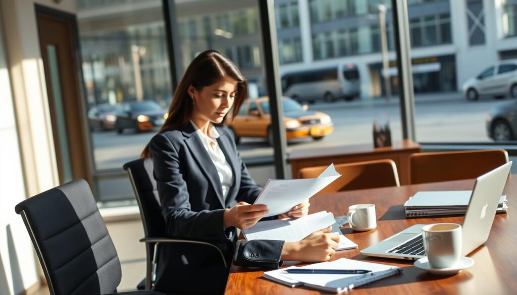 A professional office setting focused on the process of filing an insurance claim. In the foreground, a businesswoman in a tailored suit is reviewing documents on her desk, looking contemplative and focused. The middle ground features a neatly organized workspace with a laptop, a notepad, and a cup of coffee, creating an atmosphere of professionalism and diligence. In the background, a large window reveals a busy street, letting in natural light, which casts soft shadows and highlights the room's polished wooden furniture. The image captures the essence of processing insurance claims, emphasizing attention to detail and clarity. The overall mood is serious and determined, reflecting the importance of addressing insurance issues. A professional office setting focused on the process of filing an insurance claim. In the foreground, a businesswoman in a tailored suit is reviewing documents on her desk, looking contemplative and focused. The middle ground features a neatly organized workspace with a laptop, a notepad, and a cup of coffee, creating an atmosphere of professionalism and diligence. In the background, a large window reveals a busy street, letting in natural light, which casts soft shadows and highlights the room's polished wooden furniture. The image captures the essence of processing insurance claims, emphasizing attention to detail and clarity. The overall mood is serious and determined, reflecting the importance of addressing insurance issues.