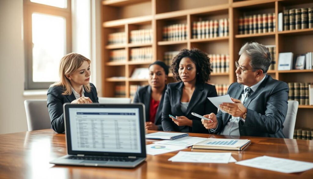 A professional office setting showcasing a conference table filled with legal documents and a laptop displaying a spreadsheet. In the foreground, a diverse group of three individuals in business attire—two women and one man—are engaged in a serious discussion. The woman on the left, of Caucasian descent, is pointing at a document; the woman on the right, of African descent, is listening intently, while the man, of Hispanic descent, is jotting down notes. The middle layer features a large window allowing natural light to pour in, creating a warm ambiance. In the background, blurred shelves filled with law books allude to legal expertise. The mood is focused and professional, emphasizing the importance of understanding compensation for accidents within the context of legal discussions. A professional office setting showcasing a conference table filled with legal documents and a laptop displaying a spreadsheet. In the foreground, a diverse group of three individuals in business attire—two women and one man—are engaged in a serious discussion. The woman on the left, of Caucasian descent, is pointing at a document; the woman on the right, of African descent, is listening intently, while the man, of Hispanic descent, is jotting down notes. The middle layer features a large window allowing natural light to pour in, creating a warm ambiance. In the background, blurred shelves filled with law books allude to legal expertise. The mood is focused and professional, emphasizing the importance of understanding compensation for accidents within the context of legal discussions.