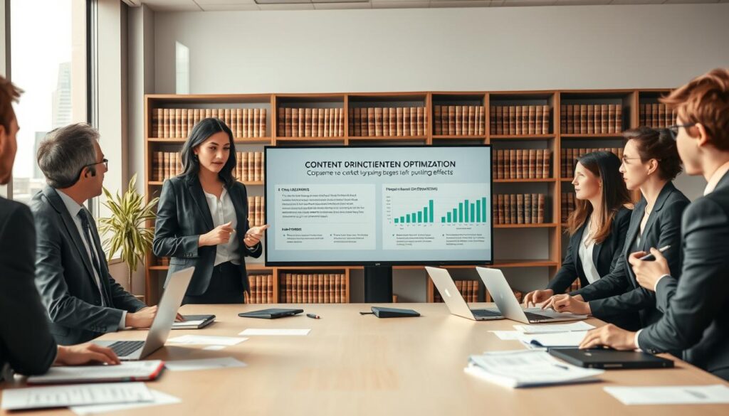 A professional office setting where a diverse group of business professionals, dressed in smart business attire, are engaged in a discussion around a large table filled with legal documents and laptops. In the foreground, a confident female lawyer presents a visual aid on a digital screen illustrating the principles of content optimization in the context of BGH ruling effects. In the middle ground, male and female colleagues are attentively taking notes and analyzing graphs showing metrics related to ASO practices. The background features bookshelves filled with legal texts, a large window letting in warm, natural light, and a cityscape view. The atmosphere is collaborative and focused, emphasizing the serious nature of the topic with a soft, neutral color palette to convey professionalism and clarity. A professional office setting where a diverse group of business professionals, dressed in smart business attire, are engaged in a discussion around a large table filled with legal documents and laptops. In the foreground, a confident female lawyer presents a visual aid on a digital screen illustrating the principles of content optimization in the context of BGH ruling effects. In the middle ground, male and female colleagues are attentively taking notes and analyzing graphs showing metrics related to ASO practices. The background features bookshelves filled with legal texts, a large window letting in warm, natural light, and a cityscape view. The atmosphere is collaborative and focused, emphasizing the serious nature of the topic with a soft, neutral color palette to convey professionalism and clarity.